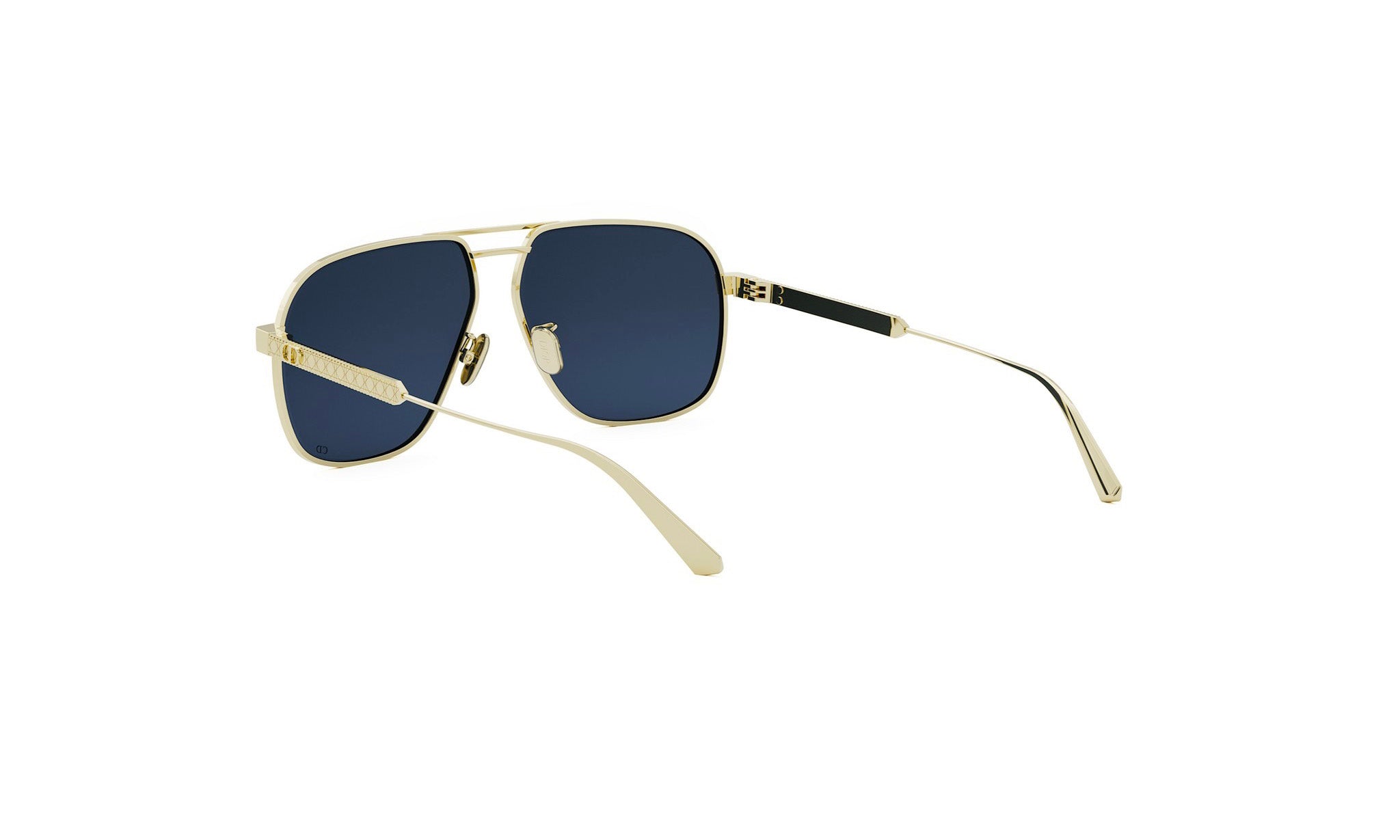 A pair of gold-colored sunglasses with dark blue lenses.