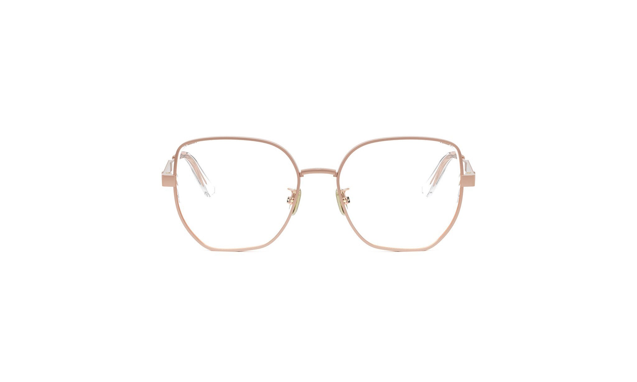 A pair of gold-colored metal-framed glasses against a white background.