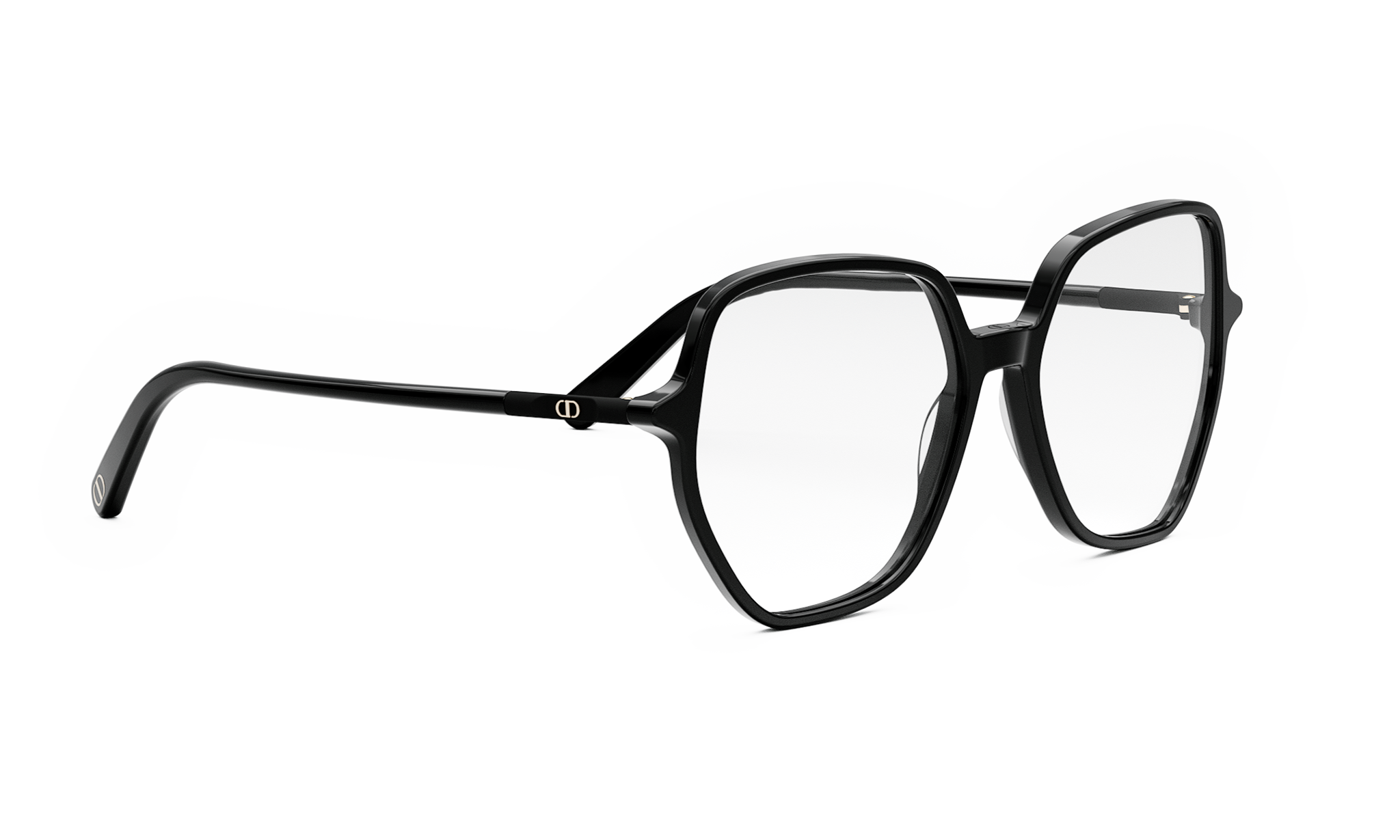A pair of black-framed glasses with a modern, geometric design.