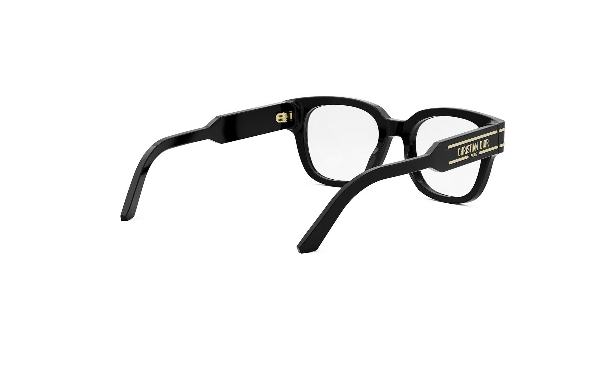 A pair of black-framed glasses with gold accents, featuring a logo on the temples.
