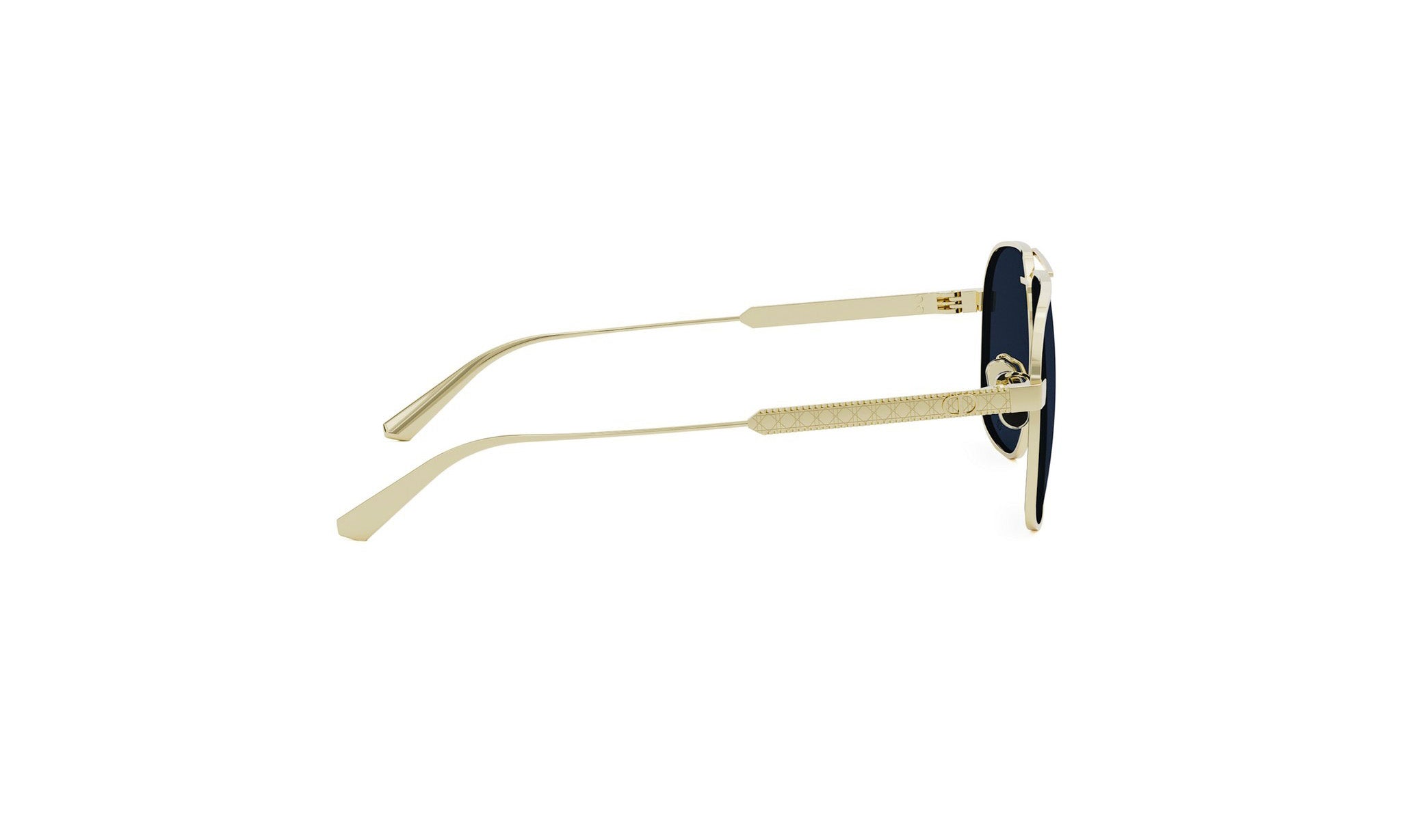 A pair of gold-colored sunglasses with black frames.