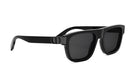 A pair of black sunglasses with dark lenses.