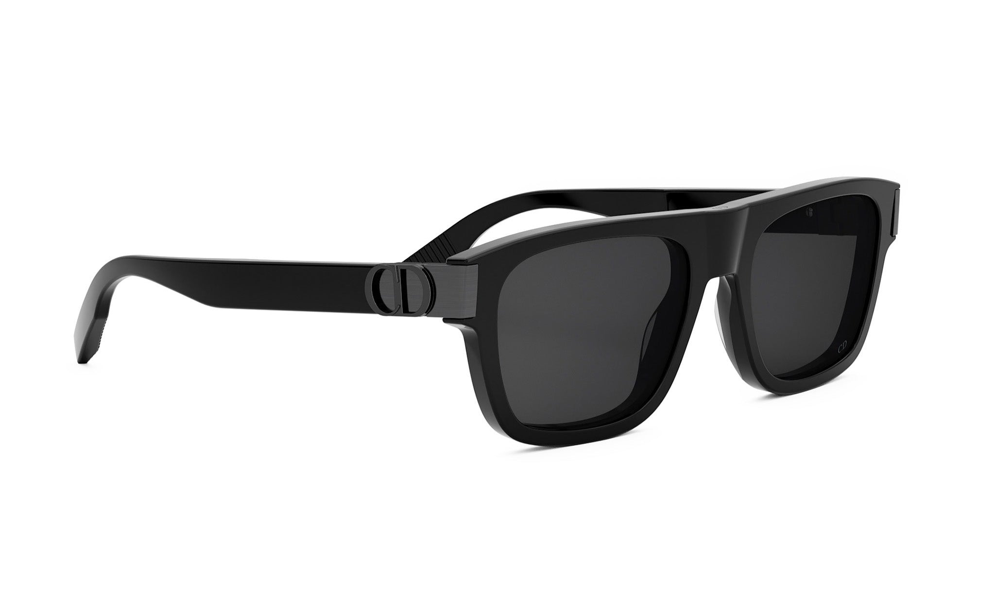 A pair of black sunglasses with dark lenses.