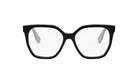 A pair of black-framed glasses with clear lenses, set against a white background.