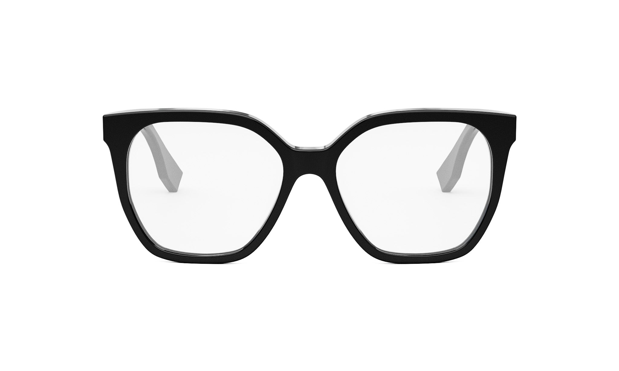 A pair of black-framed glasses with clear lenses, set against a white background.