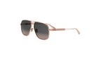 A pair of gold-colored sunglasses with a dark lens.