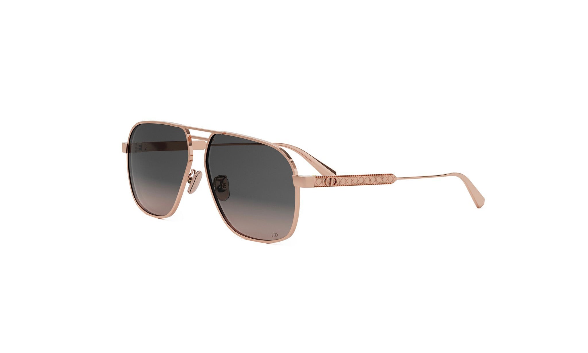 A pair of gold-colored sunglasses with a dark lens.