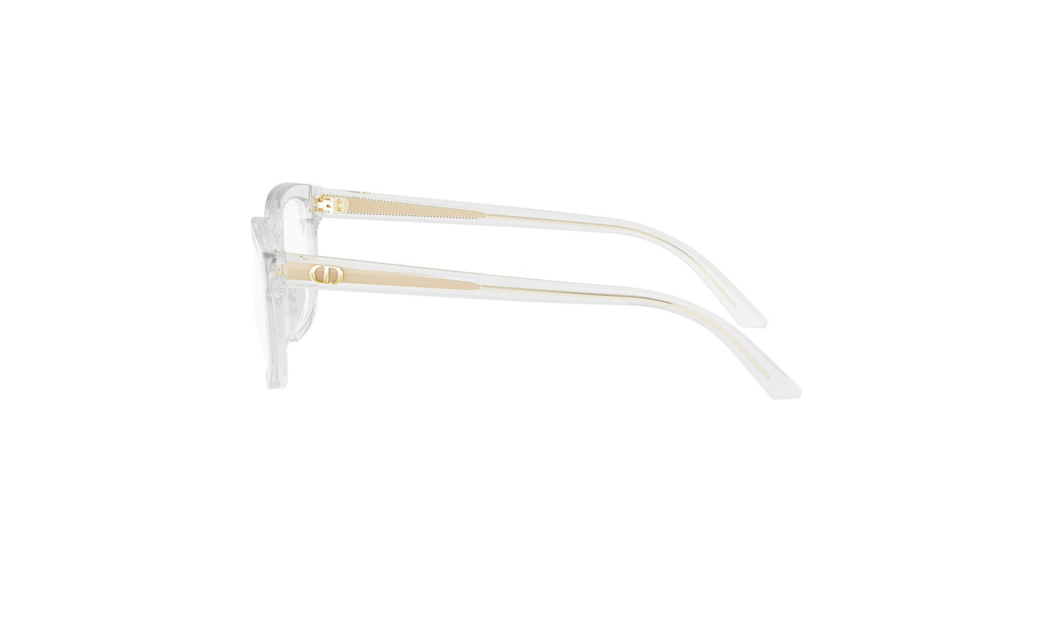 A pair of clear, white-framed glasses with gold accents.