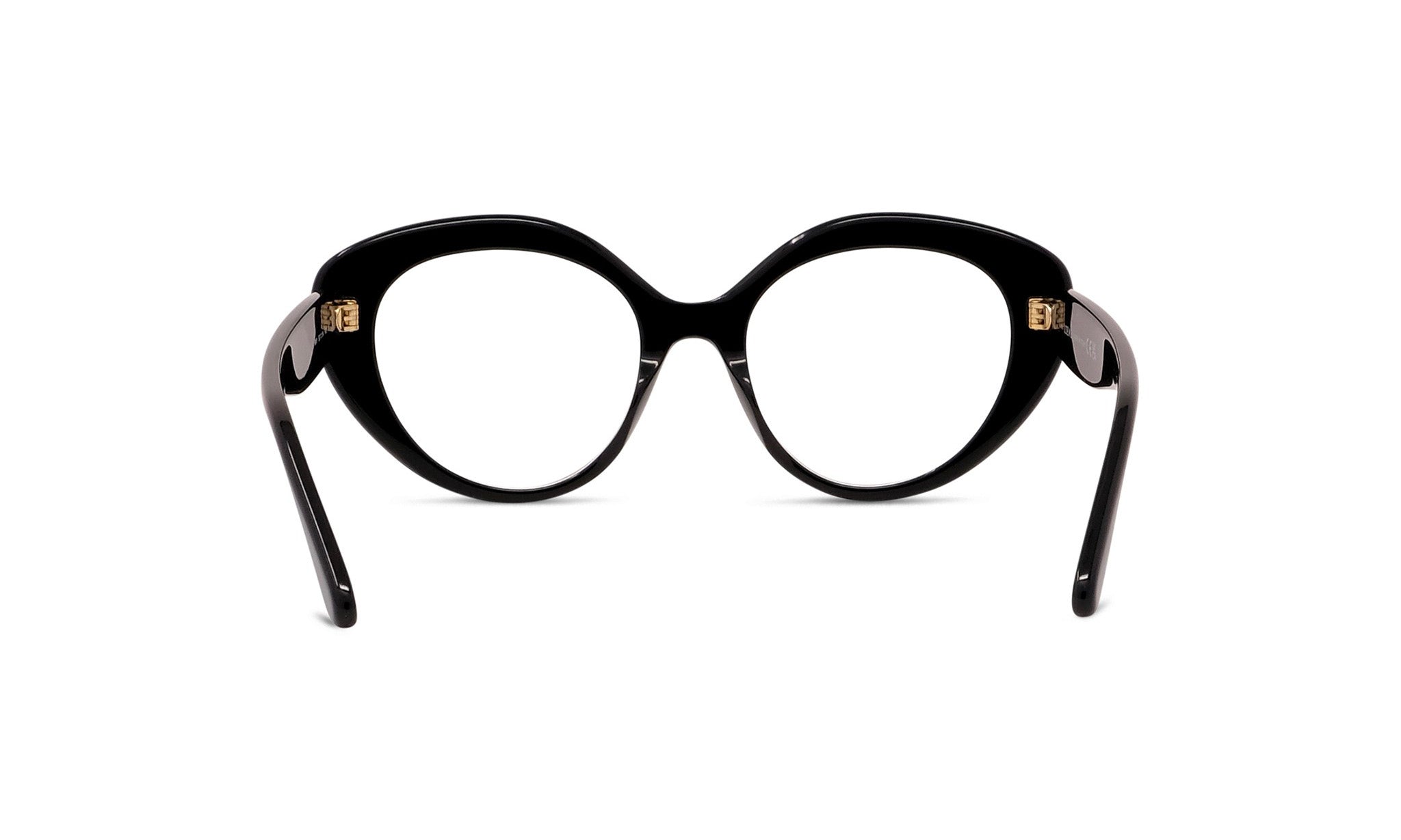A pair of black cat-eye framed glasses with gold accents.