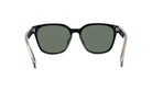 A pair of black sunglasses with dark green lenses.