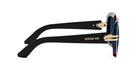A pair of stylish sunglasses with a black frame and gold accents.