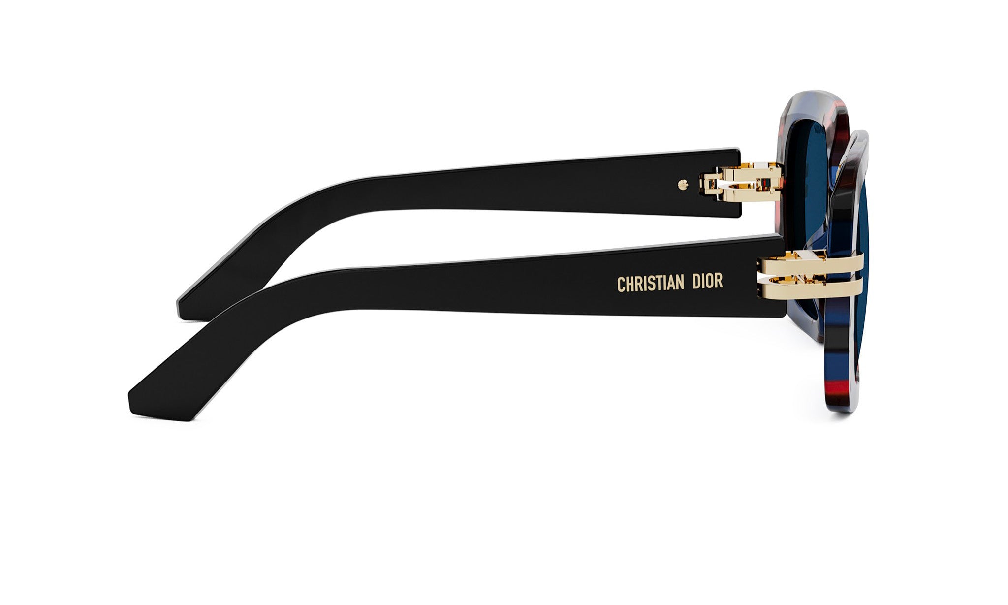 A pair of stylish sunglasses with a black frame and gold accents.