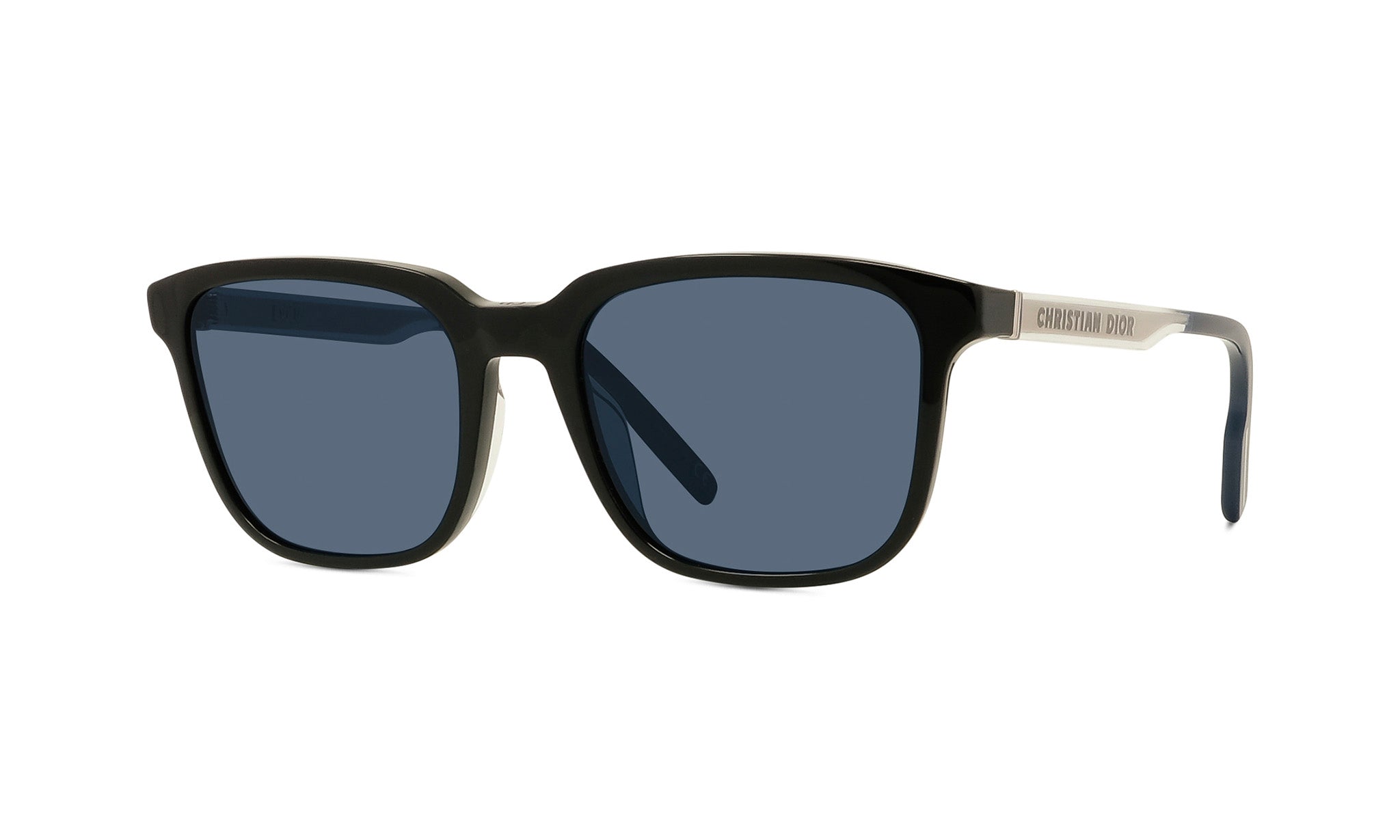A pair of black sunglasses with dark blue lenses.