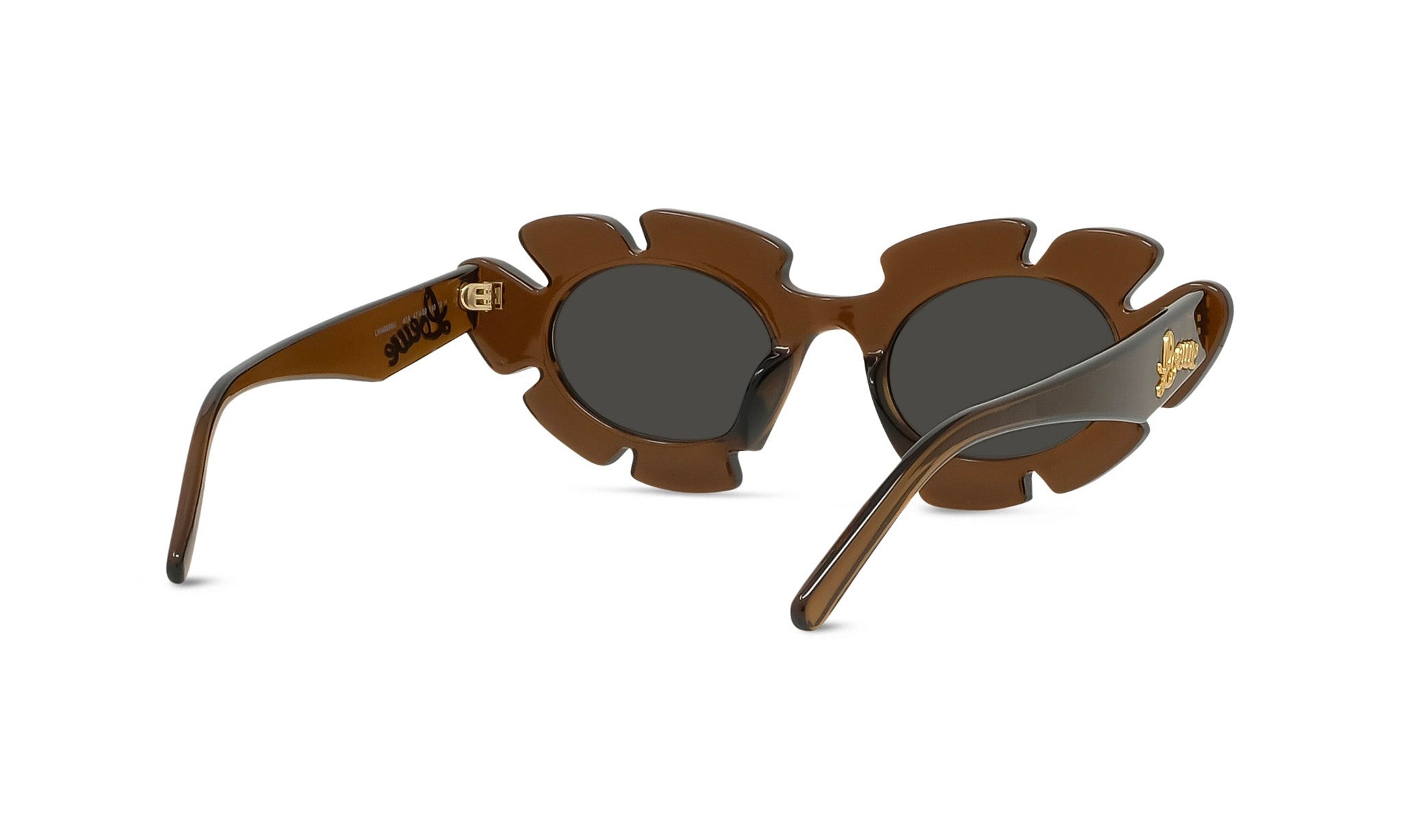 Brown sunglasses with a unique, ruffled frame design.