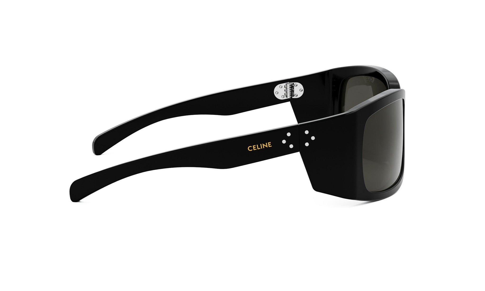 A pair of black sunglasses with the Celine logo on the frame.