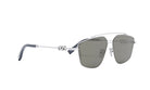 A pair of stylish sunglasses with a silver frame and dark lenses.