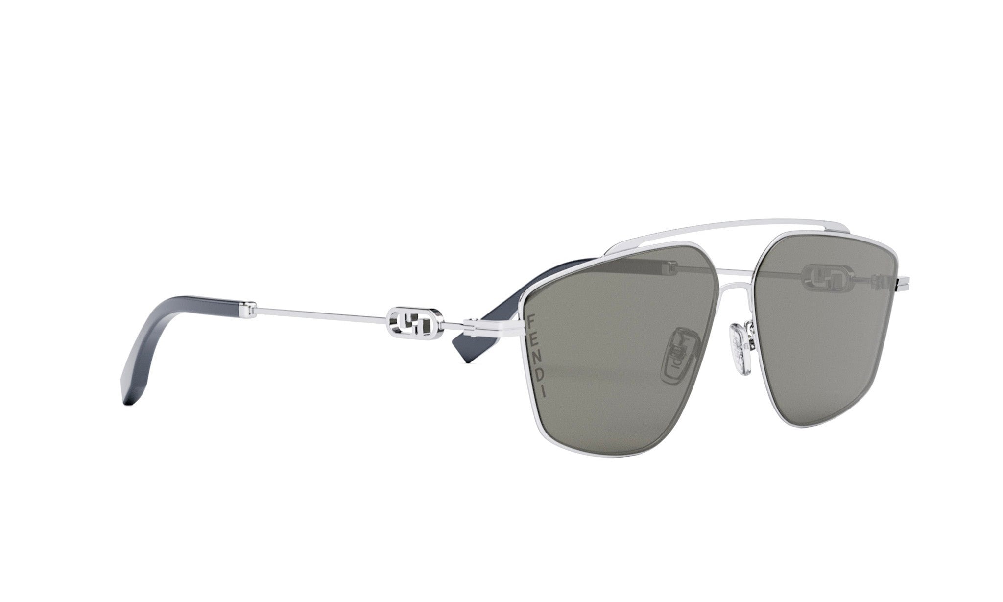 A pair of stylish sunglasses with a silver frame and dark lenses.