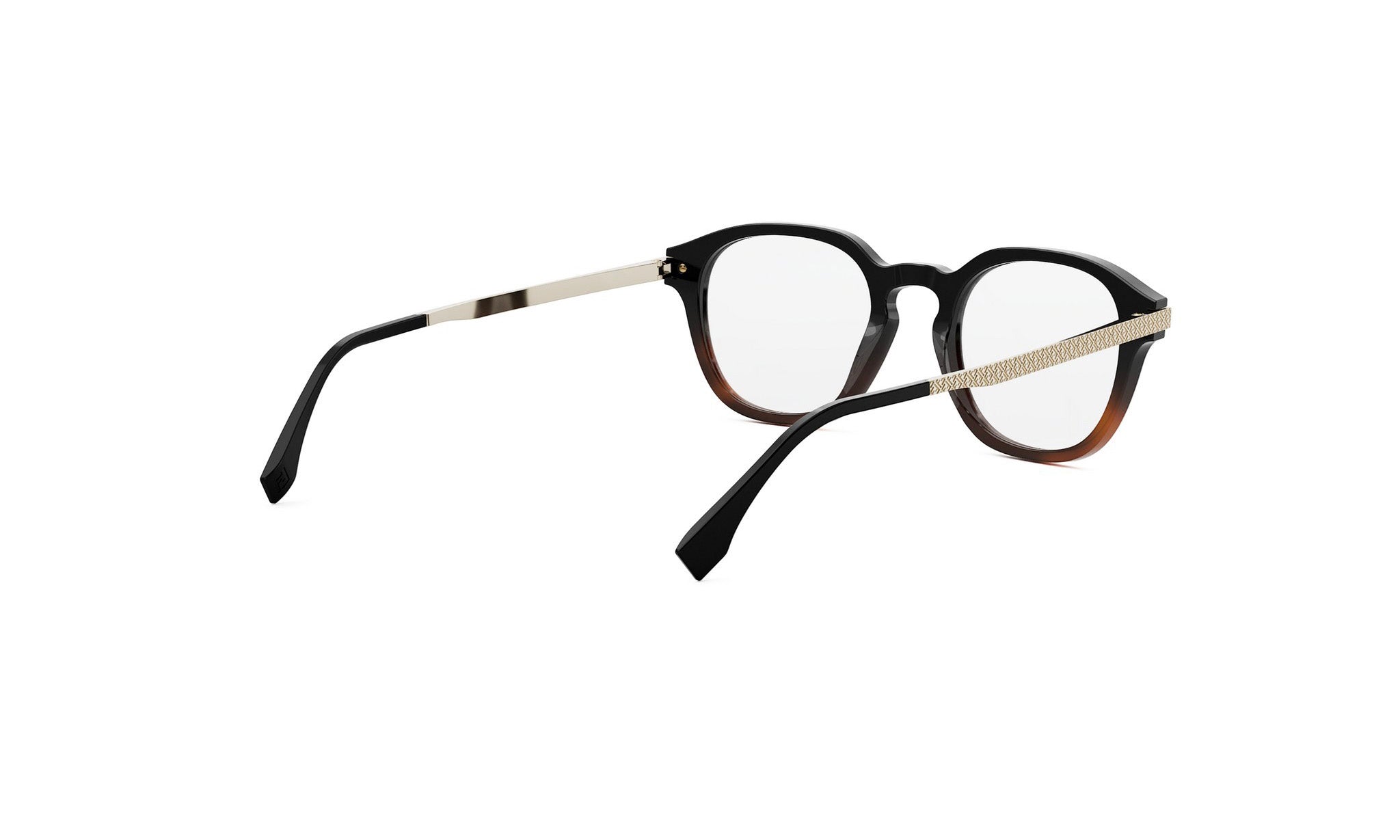 A pair of black-framed glasses with a white strip on the temples, positioned on a white background.