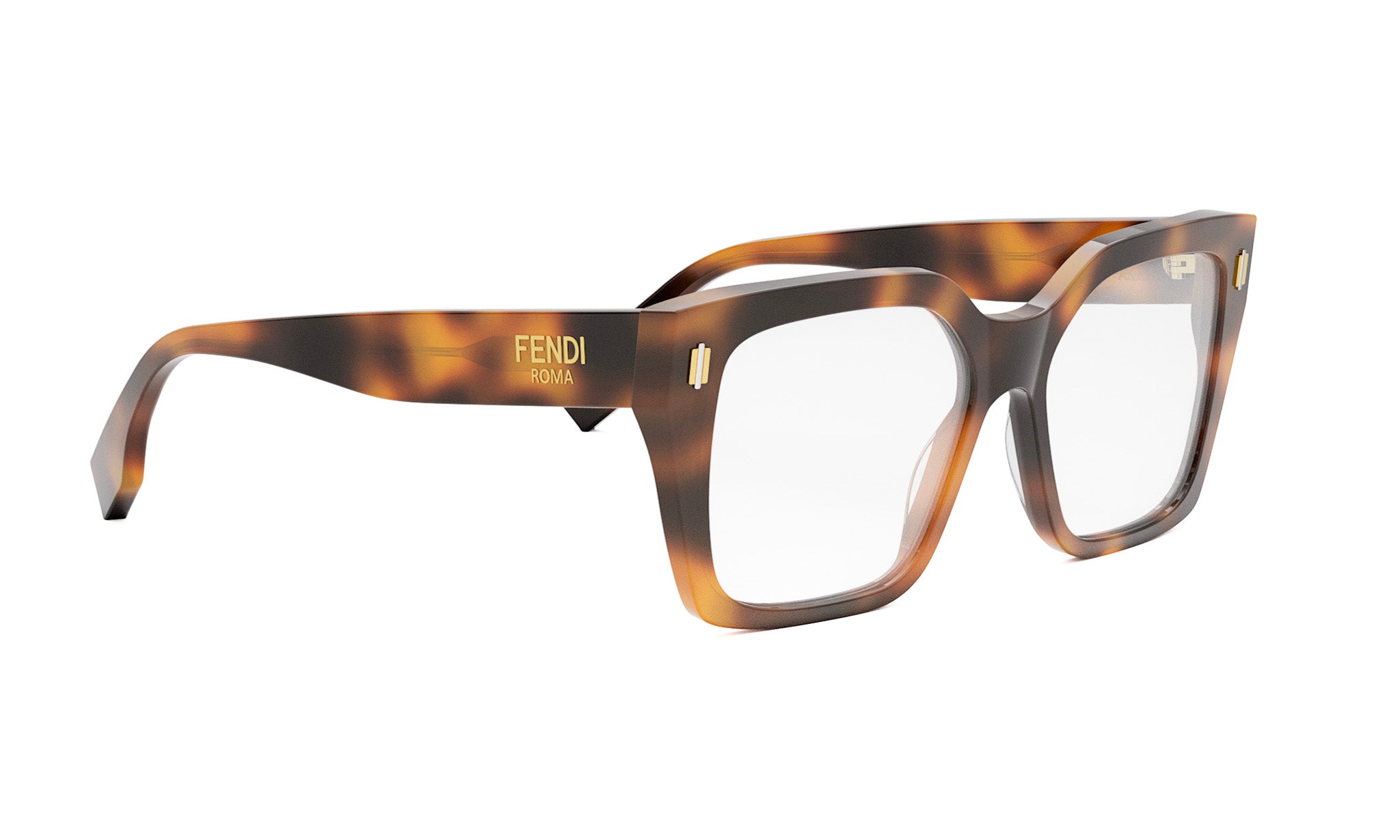 A pair of stylish tortoiseshell-framed glasses with the Fendi logo on the side.
