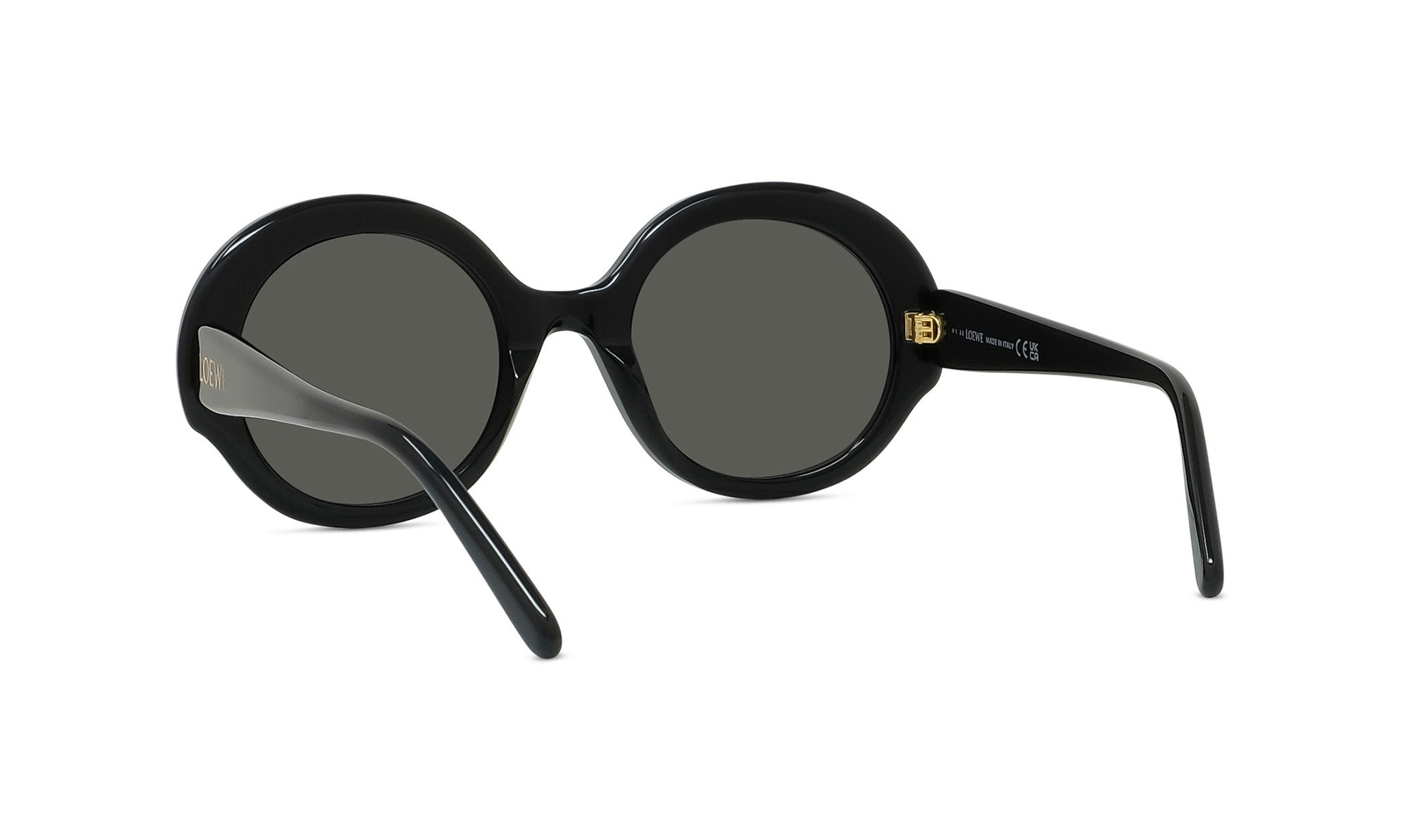 A pair of black round sunglasses with dark lenses.