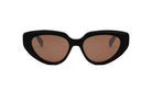 A pair of black cat-eye sunglasses with brown lenses.