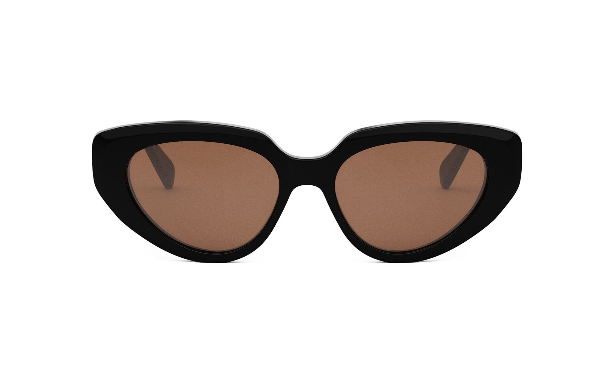 A pair of black cat-eye sunglasses with brown lenses.