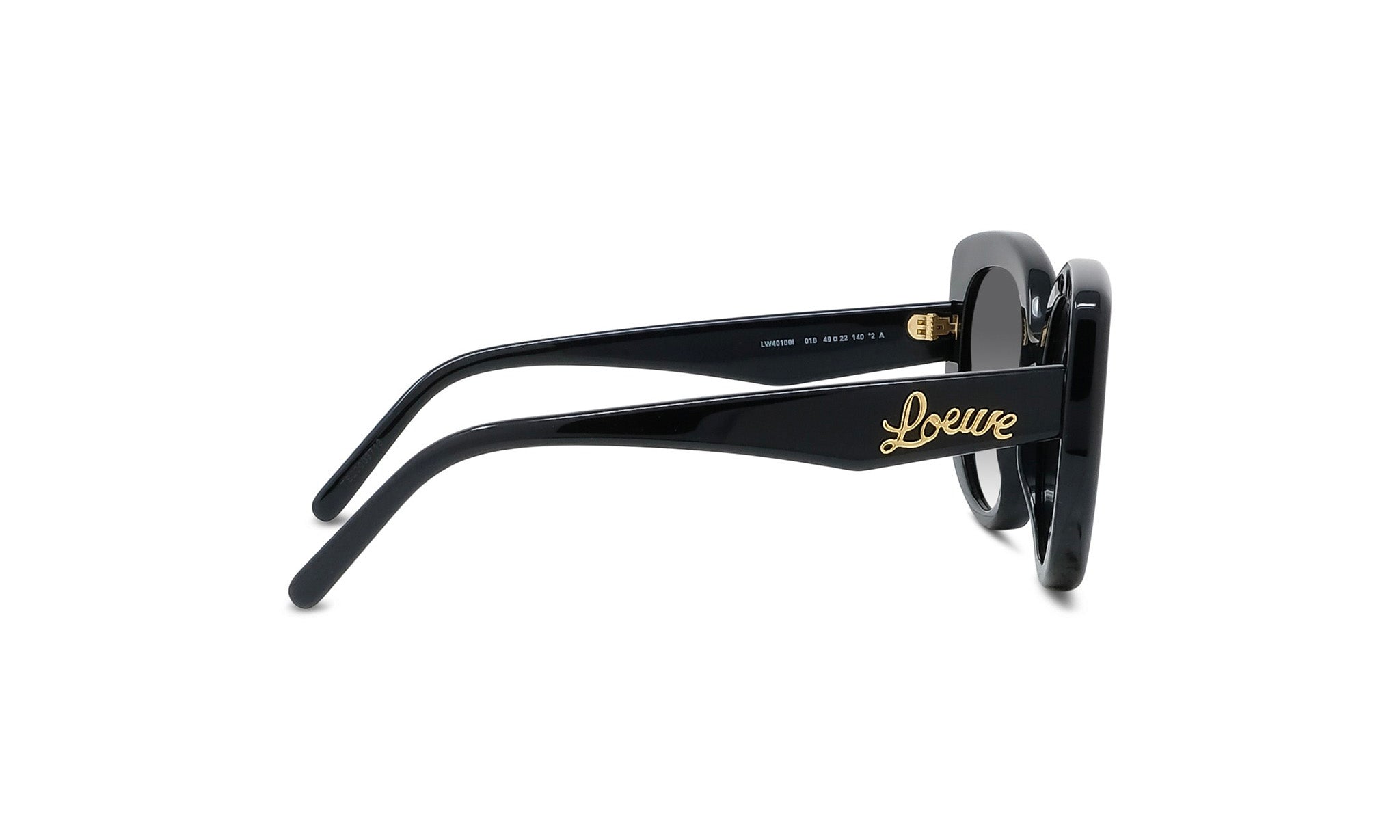 A pair of black sunglasses with gold lettering on the frame.
