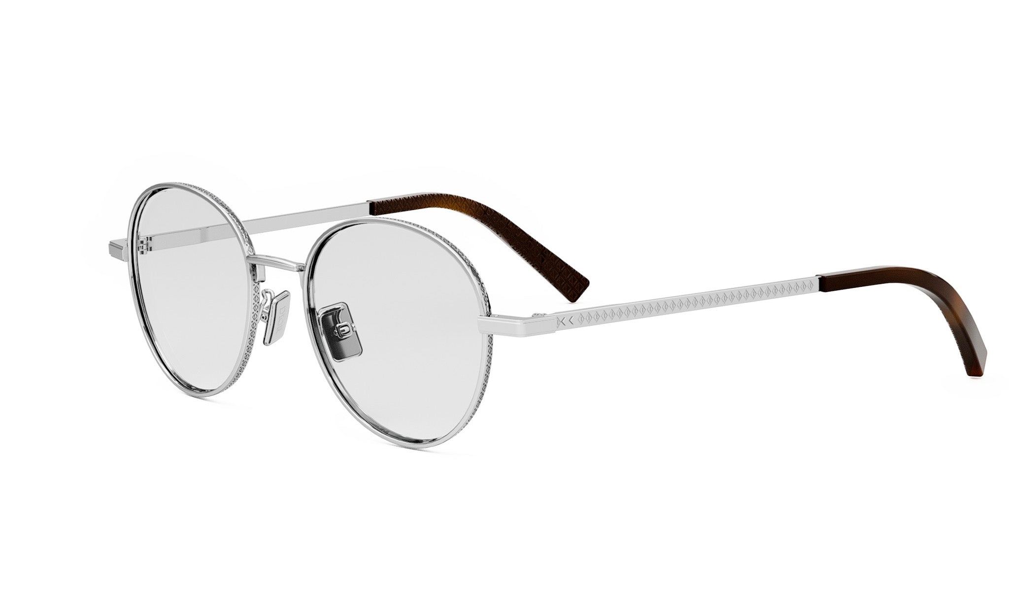 A pair of round, silver-framed glasses with dark brown accents.