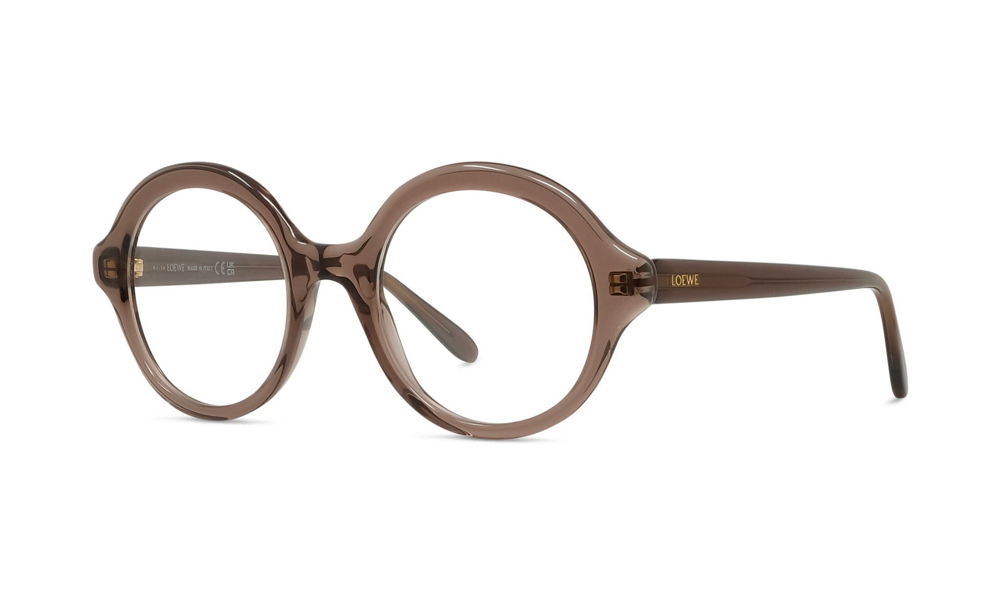 A pair of brown-framed glasses with a round frame and clear lenses.