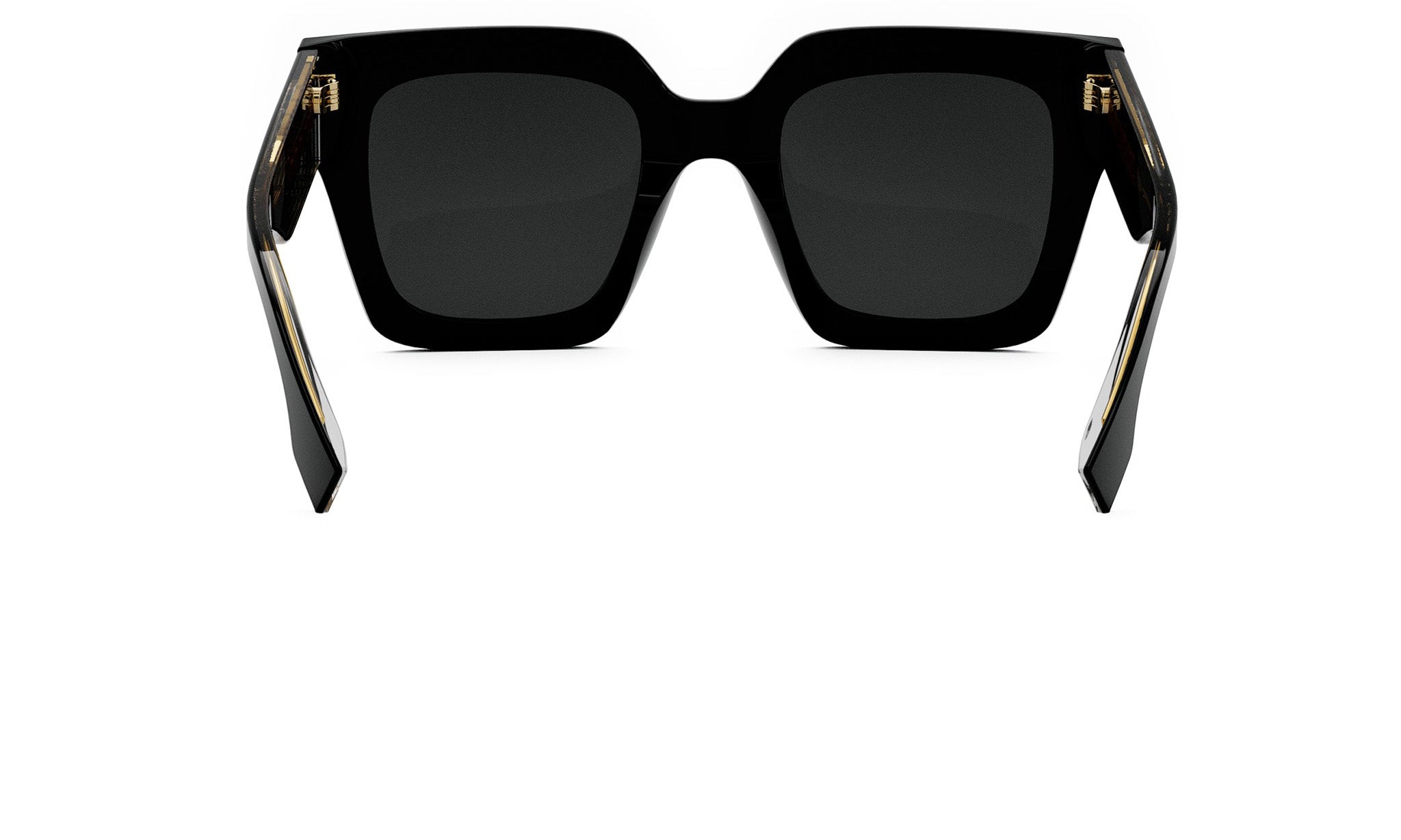 A pair of black sunglasses with gold accents, featuring a square frame and dark lenses.