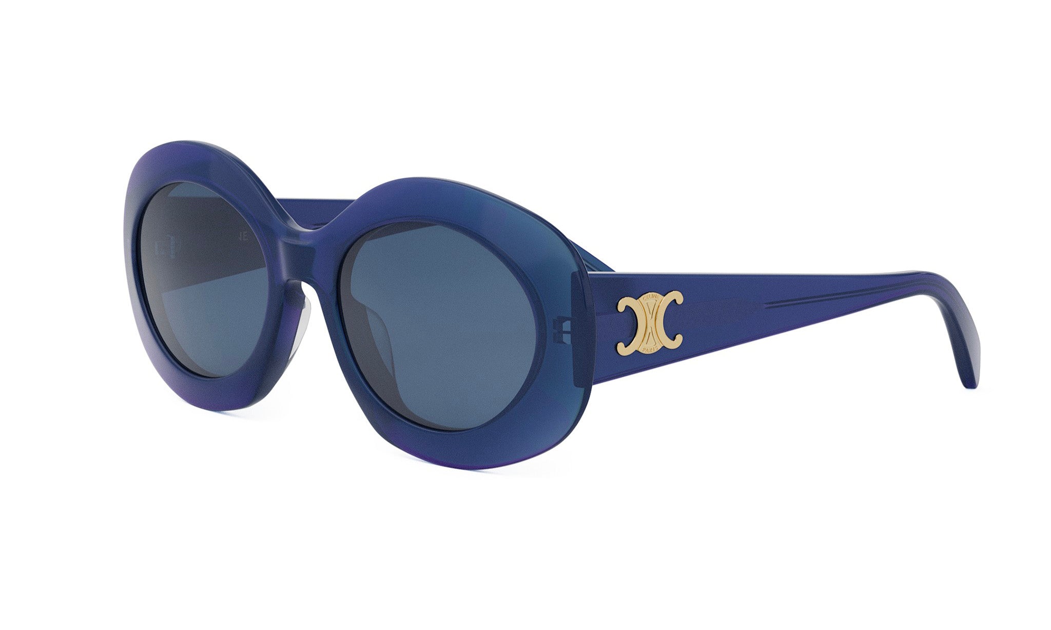 A pair of blue sunglasses with a gold C logo on the frame.