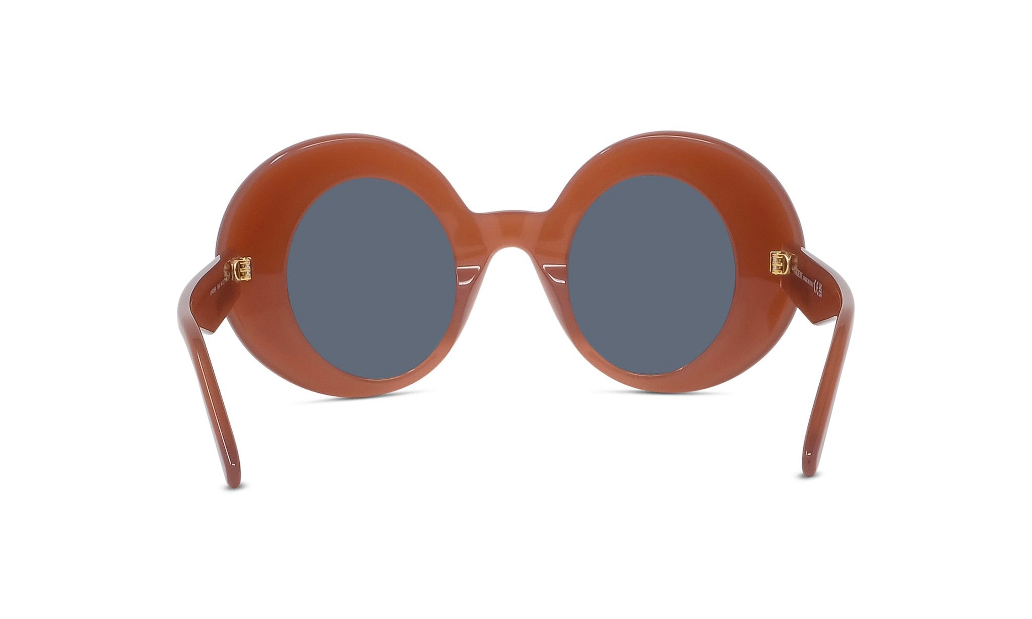 A pair of brown, round sunglasses with dark blue lenses.