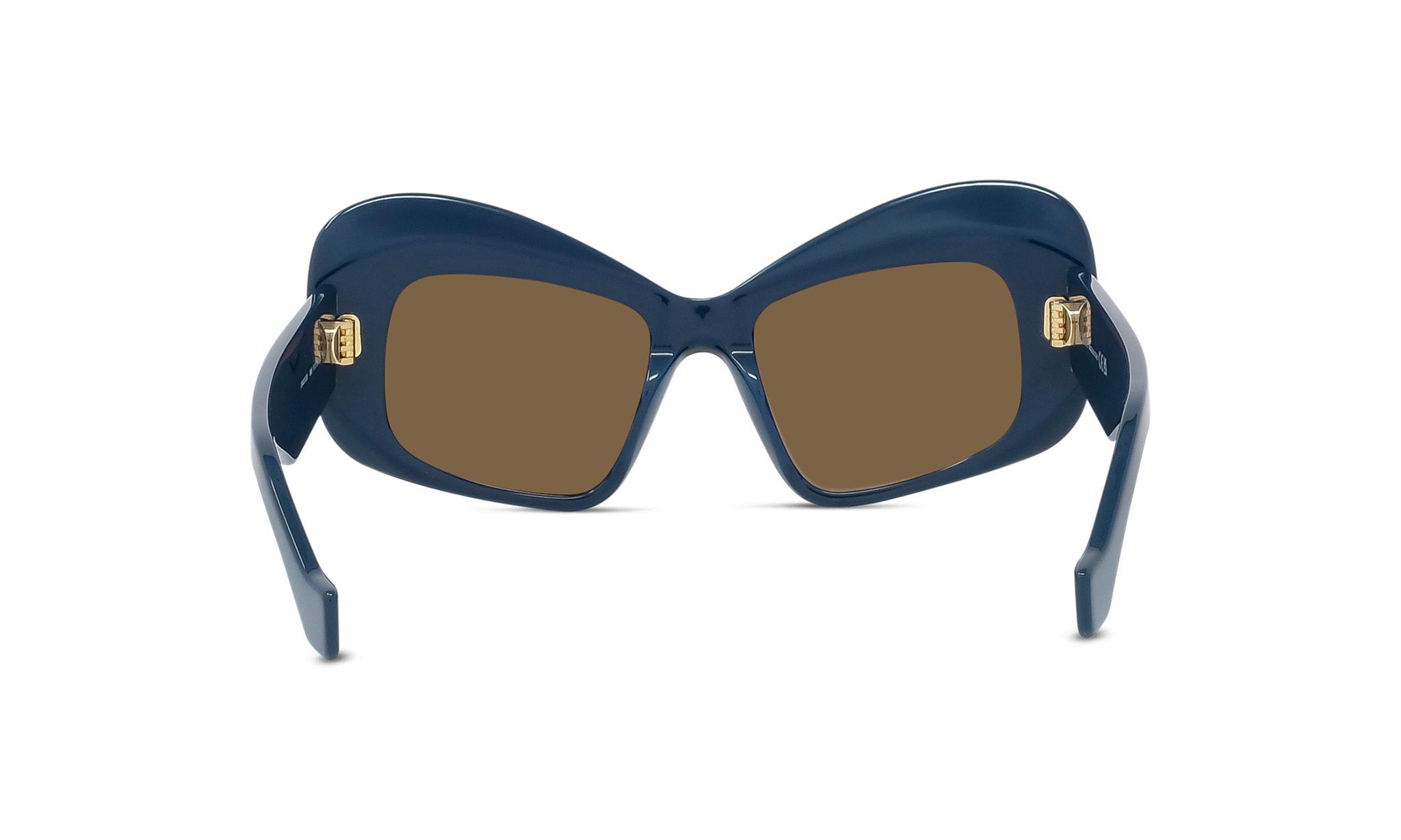 A pair of dark blue sunglasses with brown lenses.