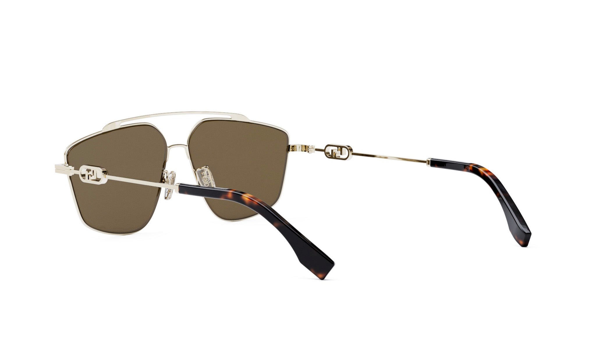 A pair of stylish sunglasses with a gold frame and dark brown temples.