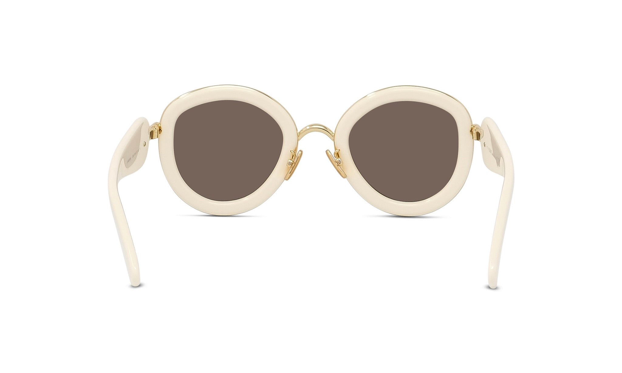 A pair of white, round sunglasses with dark lenses.