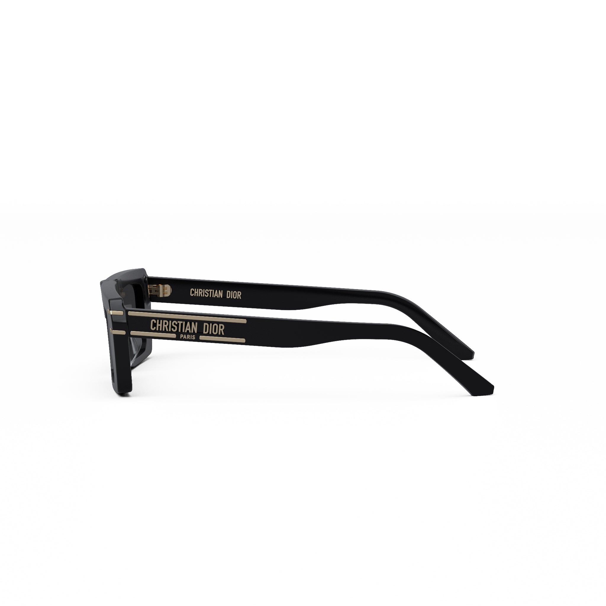 A pair of black Christian Dior sunglasses with gold lettering on the frame.