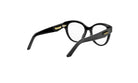A pair of black-framed glasses with gold accents, positioned on a white background.