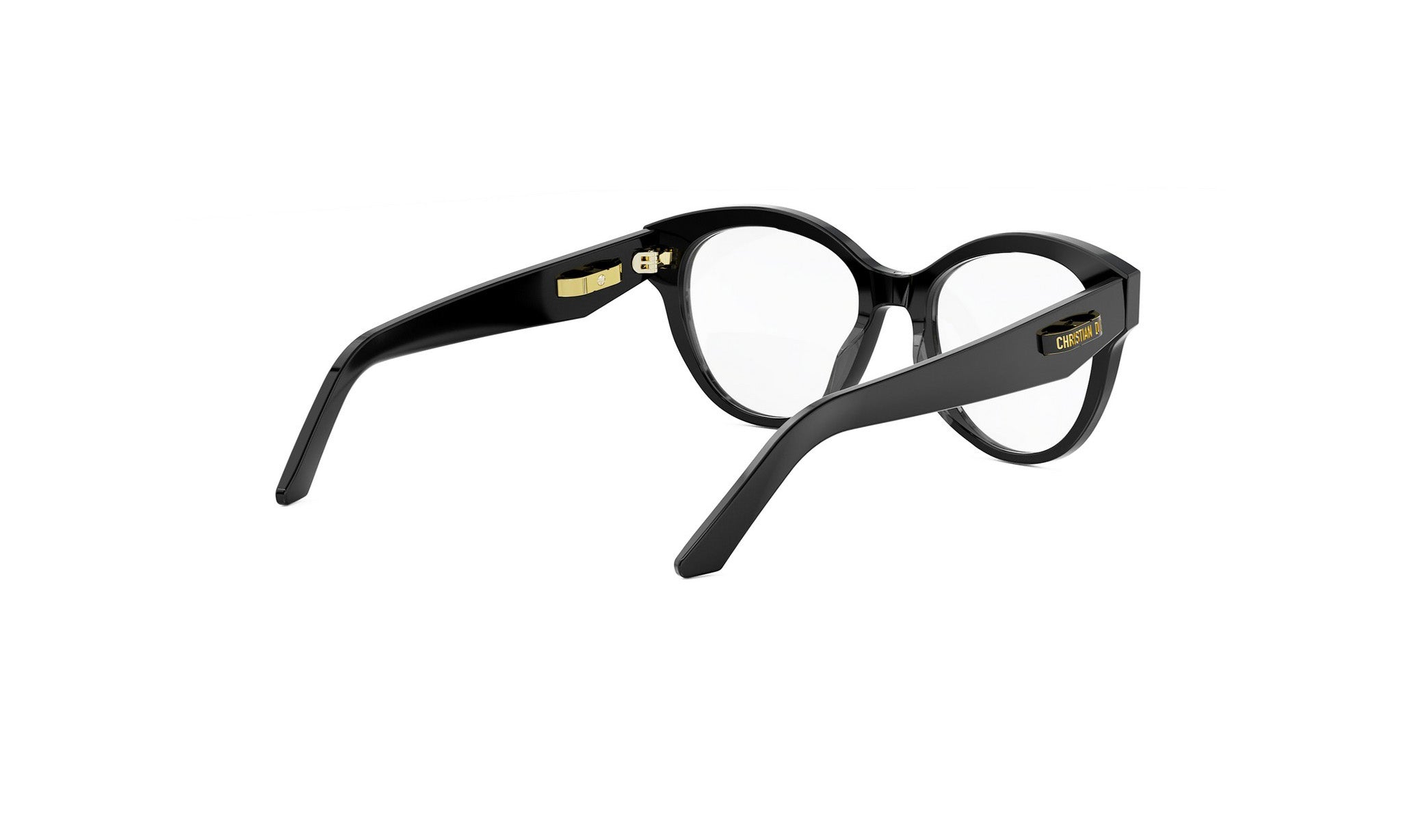 A pair of black-framed glasses with gold accents, positioned on a white background.