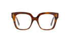 A pair of brown-framed glasses with clear lenses, set against a white background.