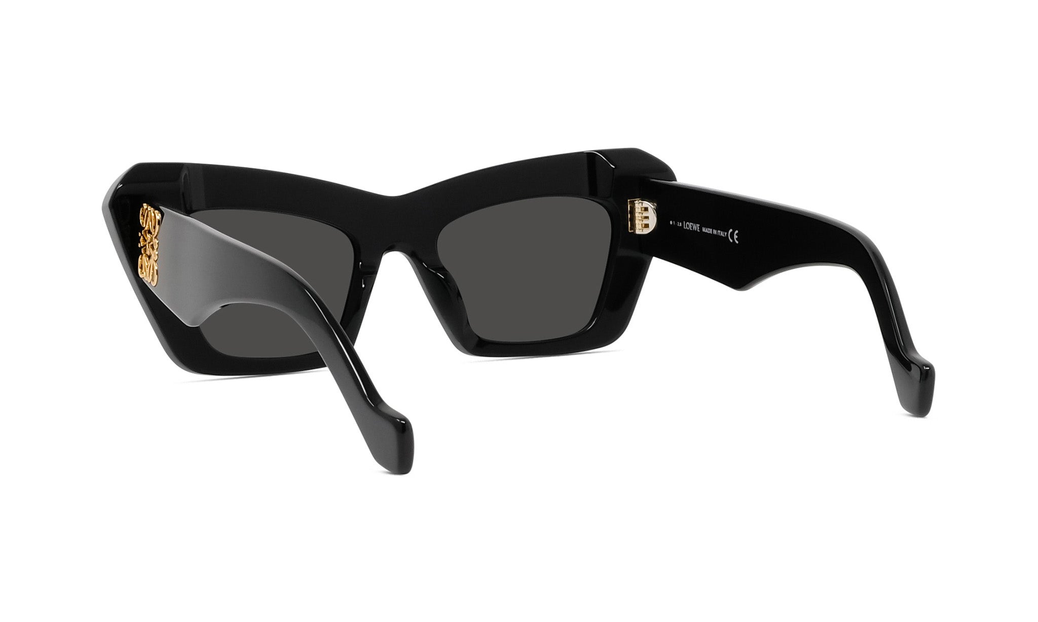 A pair of black cat-eye sunglasses with gold accents.