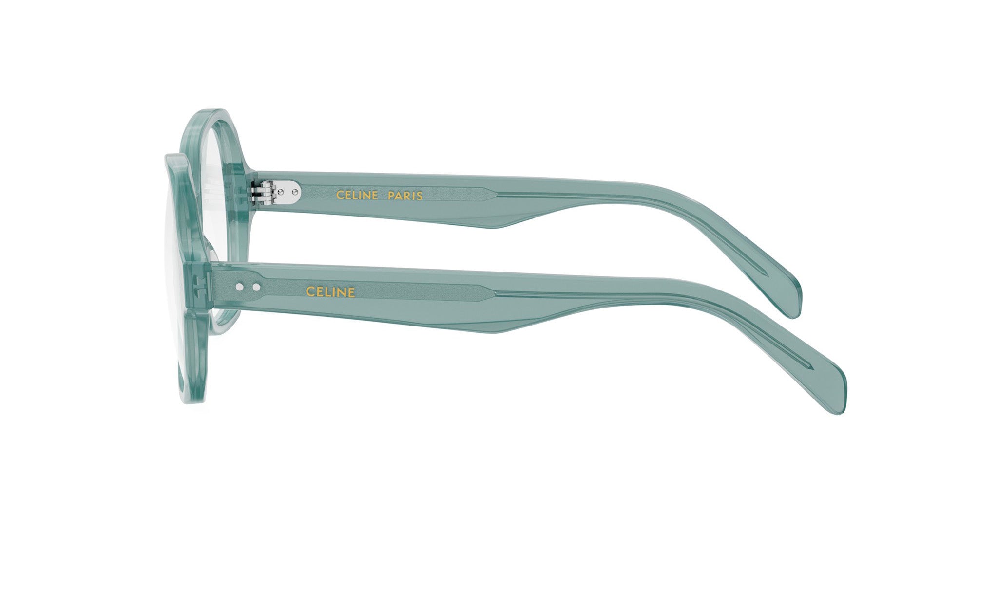 A pair of light blue-green eyeglasses with the brand name "Celine Paris" printed on them.
