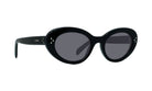 A pair of black sunglasses with dark lenses.