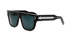 A pair of dark-framed sunglasses with a black and silver design on the temples and arms.