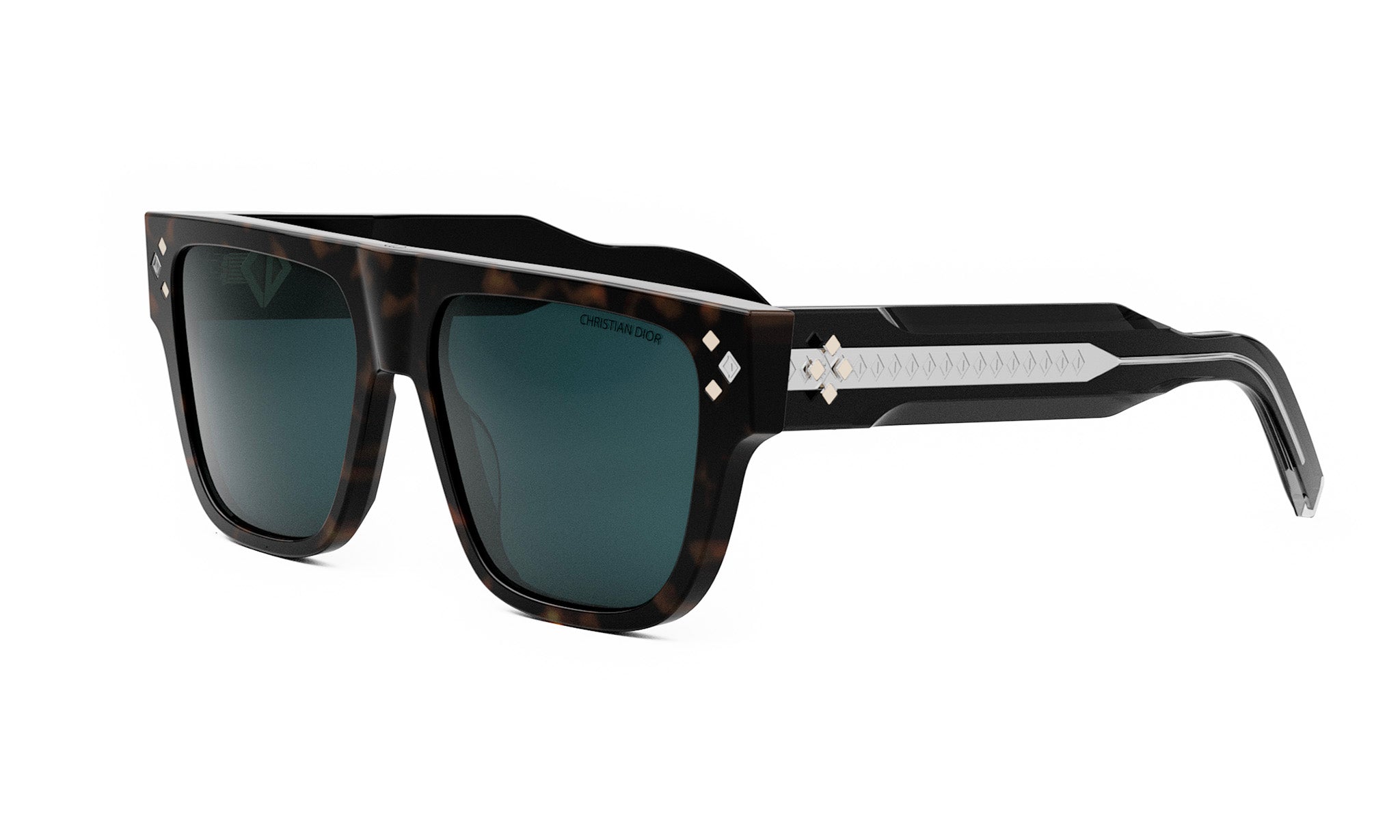 A pair of dark-framed sunglasses with a black and silver design on the temples and arms.