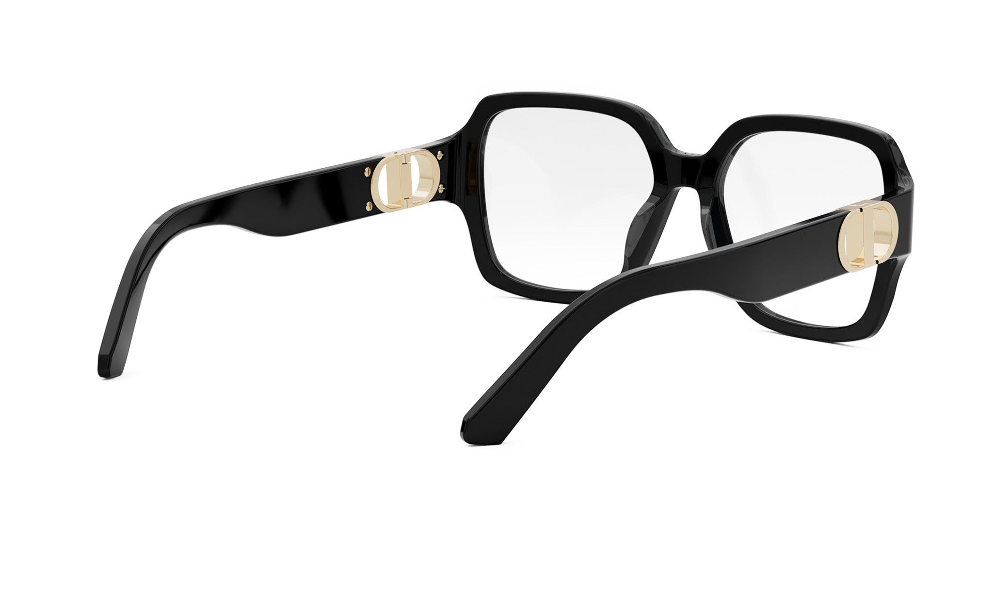 A pair of black-framed glasses with gold accents, featuring a Dior logo on the temples.