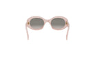 A pair of pink sunglasses with dark lenses.