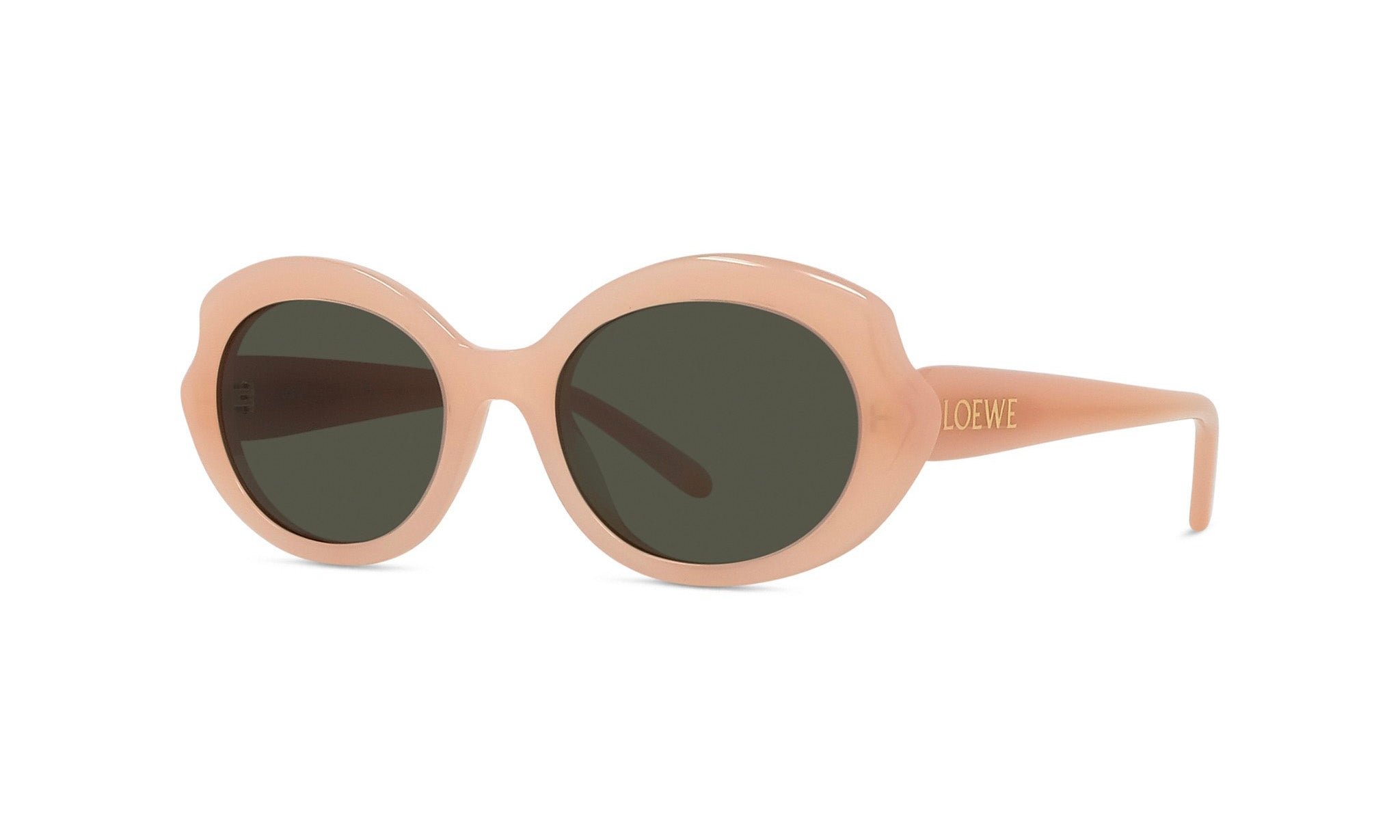 A pair of peach-colored sunglasses with dark lenses.