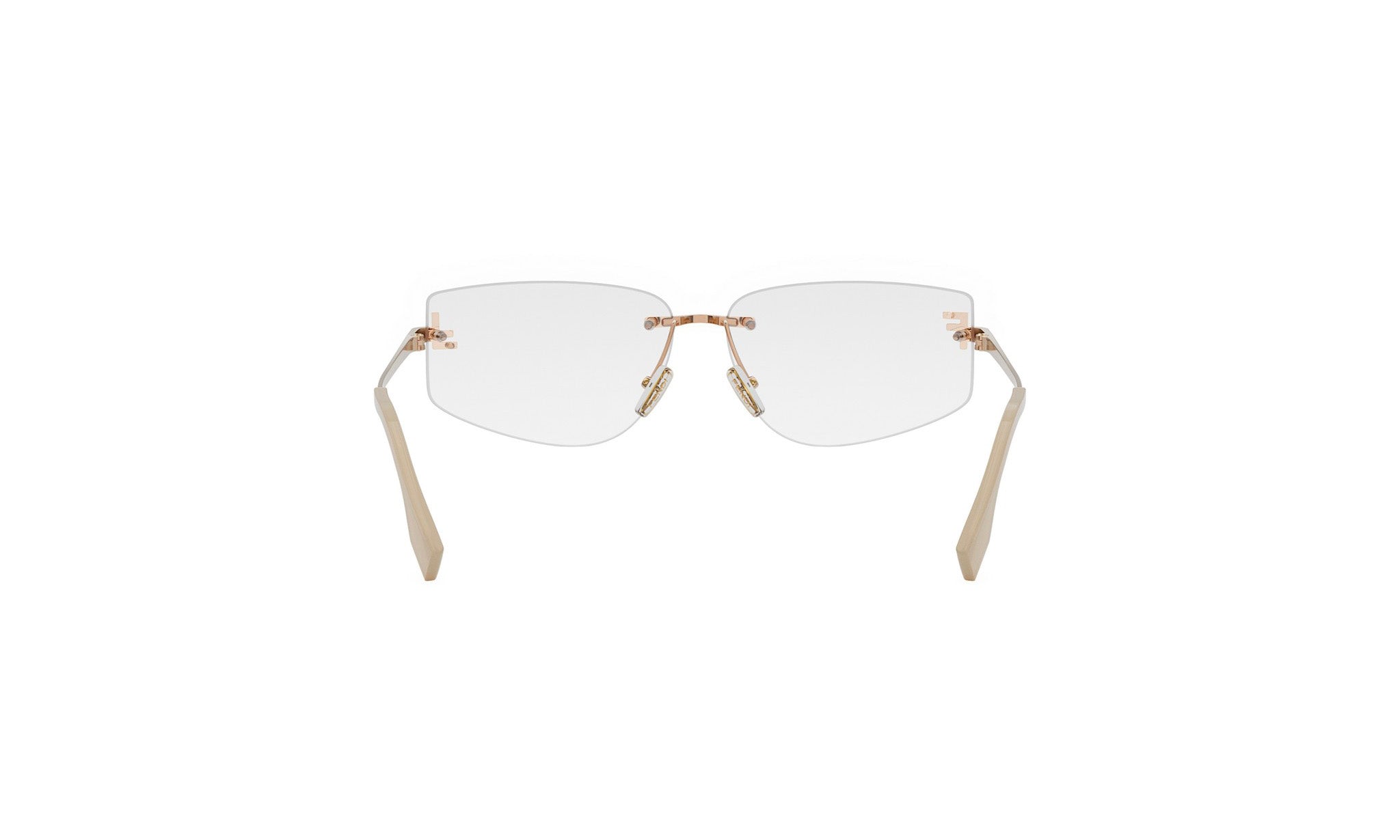 A pair of rimless, gold-colored glasses with clear lenses.