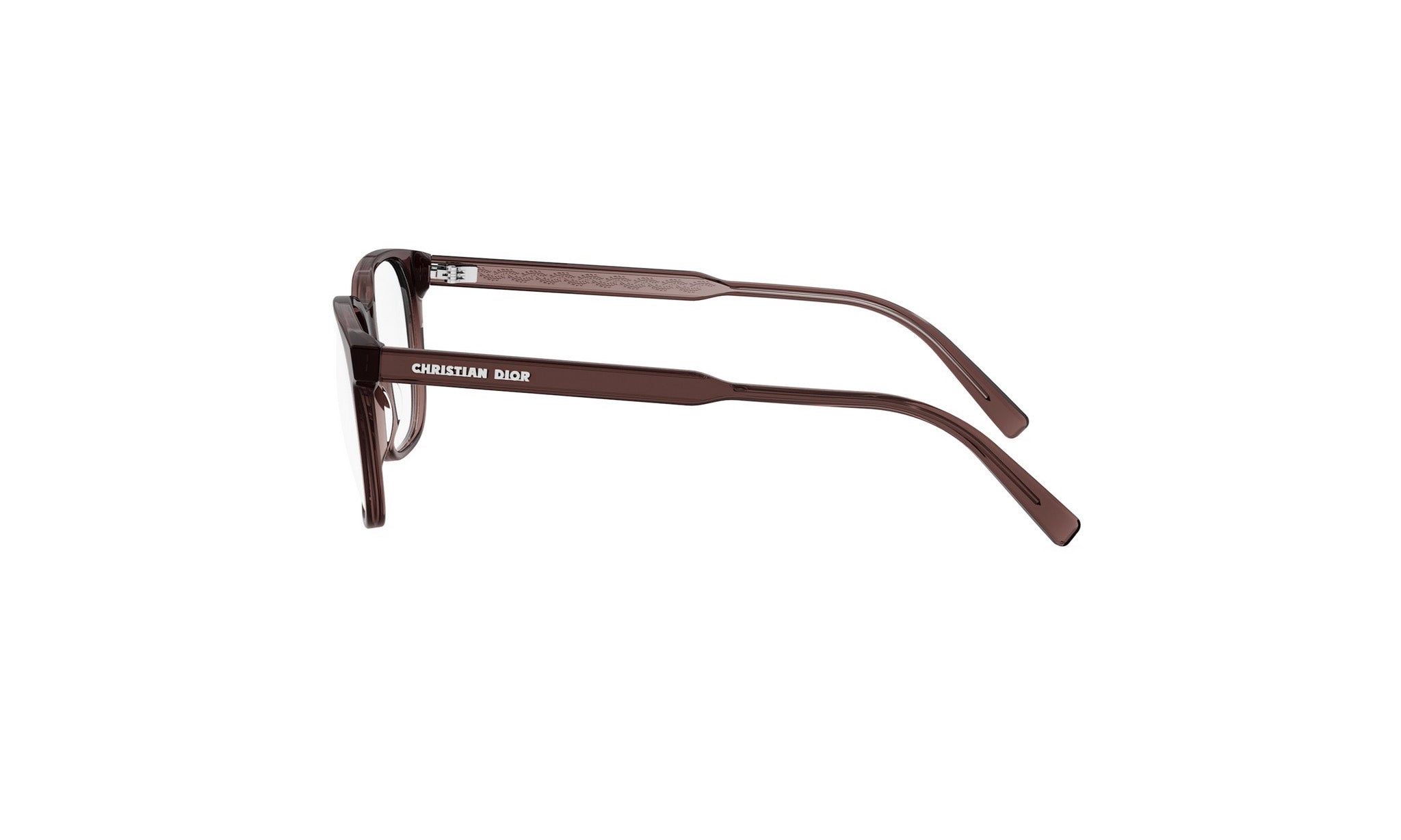 A pair of brown-framed glasses with the name 'CHRISTIAN DIOR' printed on the side.