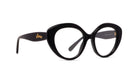 A pair of black cat-eye framed glasses with gold accents.